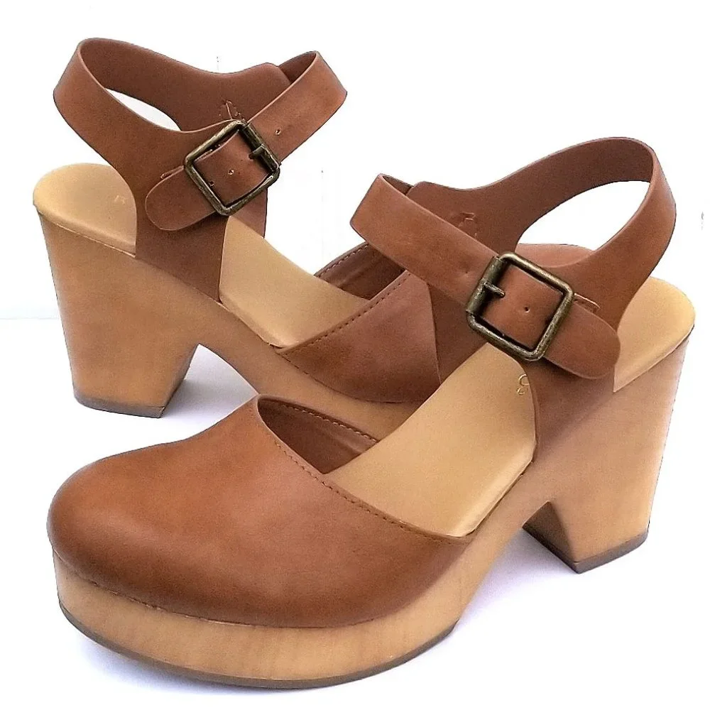 New Tan Mary Jane Lightweight Wedge Chunky Heel Platform Sandals - Picture 3 of 4